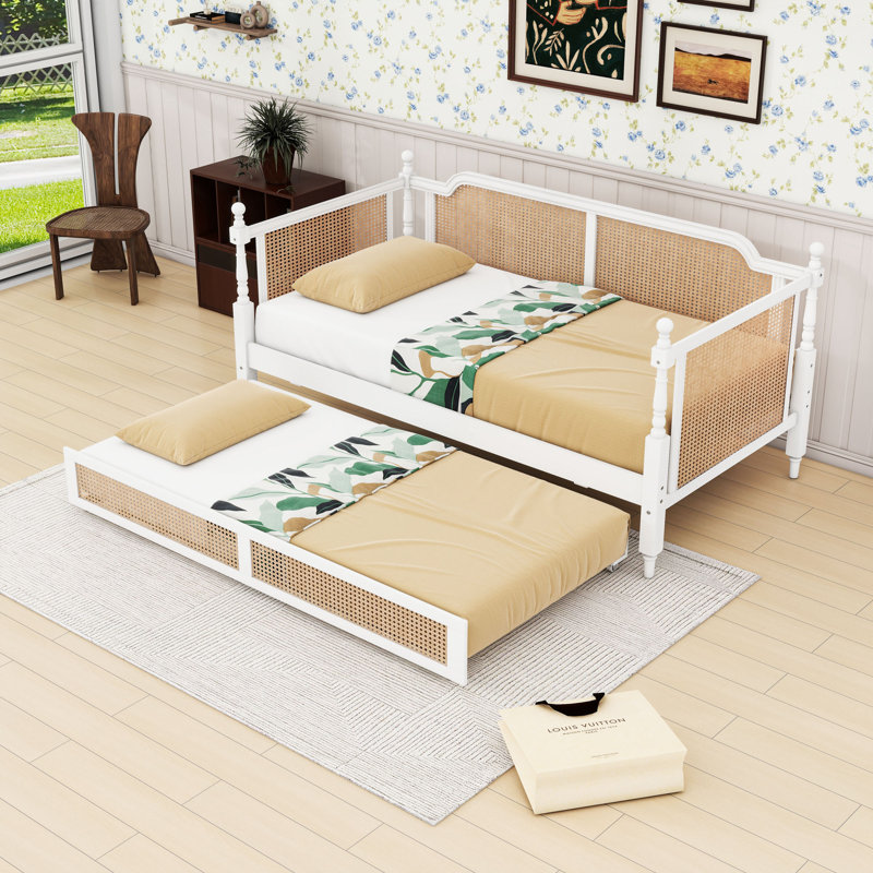 Wood Daybed with Trundle and Rattan Frame, Twin, Antique White