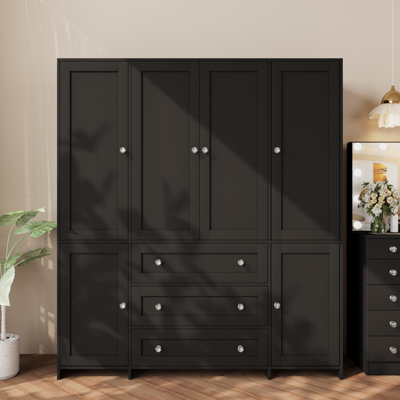 6-Door Armoire With Mirror, Wardrobe Closet With 3 Drawers