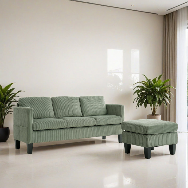 88.17" Upholstered Reversible Sectional Sofa Couch with Ottoman for Living Room, Olive Green