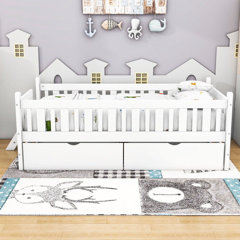 Lit plateforme simple en bois 2 tiroirs avec garde-corps, Blanc