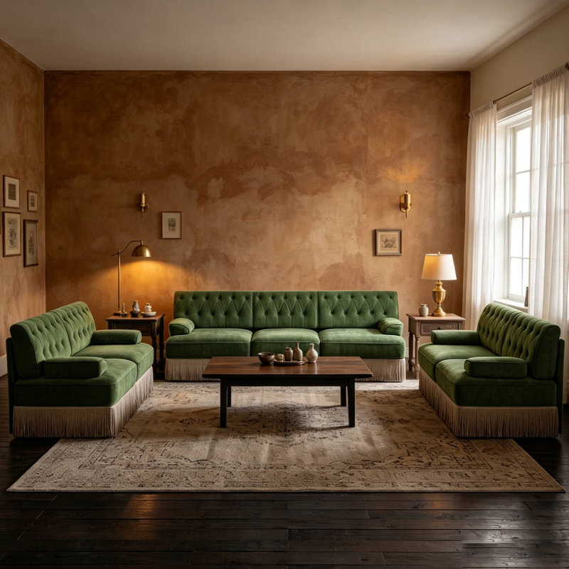 Ensemble de canapé Chesterfield 3 pièces en velours avec jupe à pompons, Green Velvet