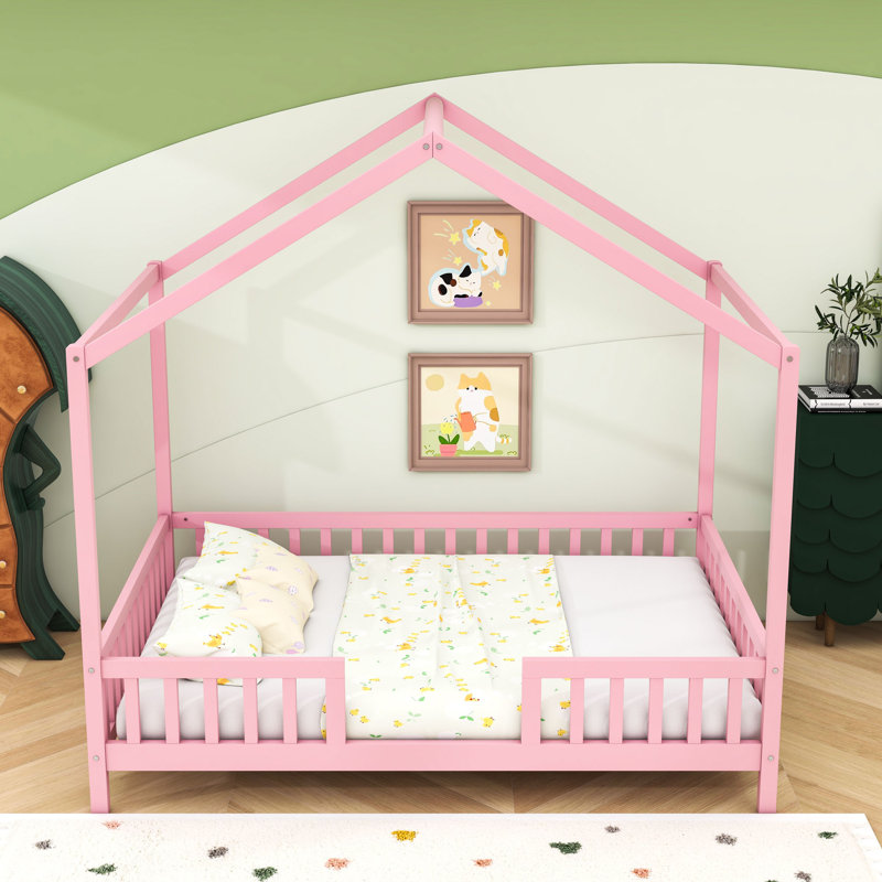 House Shape Floor Bed With Slats, Full, Pink