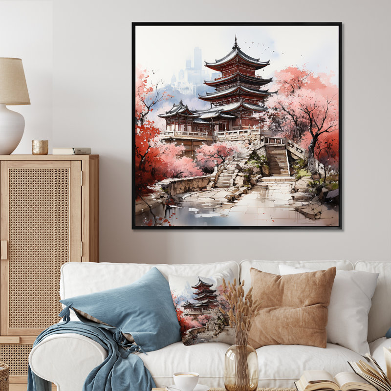 «Spring Spring China Serenity At The Temple III», art mural Chine, Cadre flottant noir, H 36 po x l 36 po x P 1,5 po
