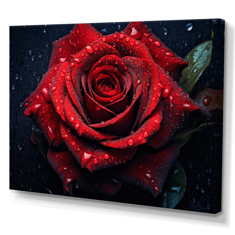 Rose rouge avec gouttes de pluie VI - impression sur toile florale, H 16 po x l 32 po x P 1 po, Toile tendue