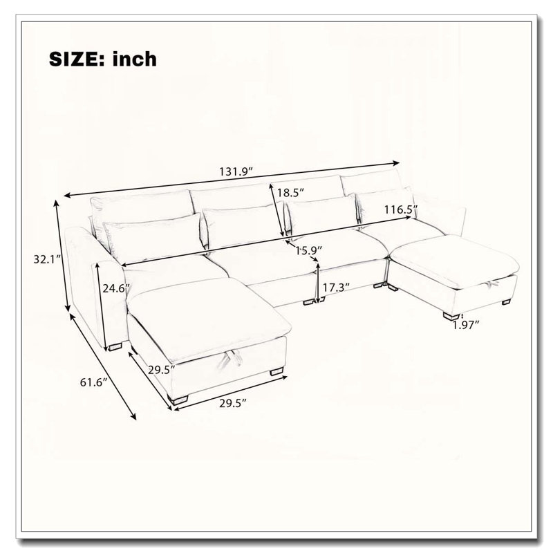 U-Shaped Freely Transformable Modular Corner Sofa with Two Ottomans