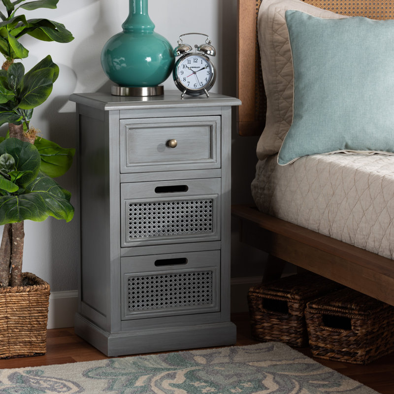 Sheldon Grey Wood and Synthetic Rattan 3-Drawer Nightstand