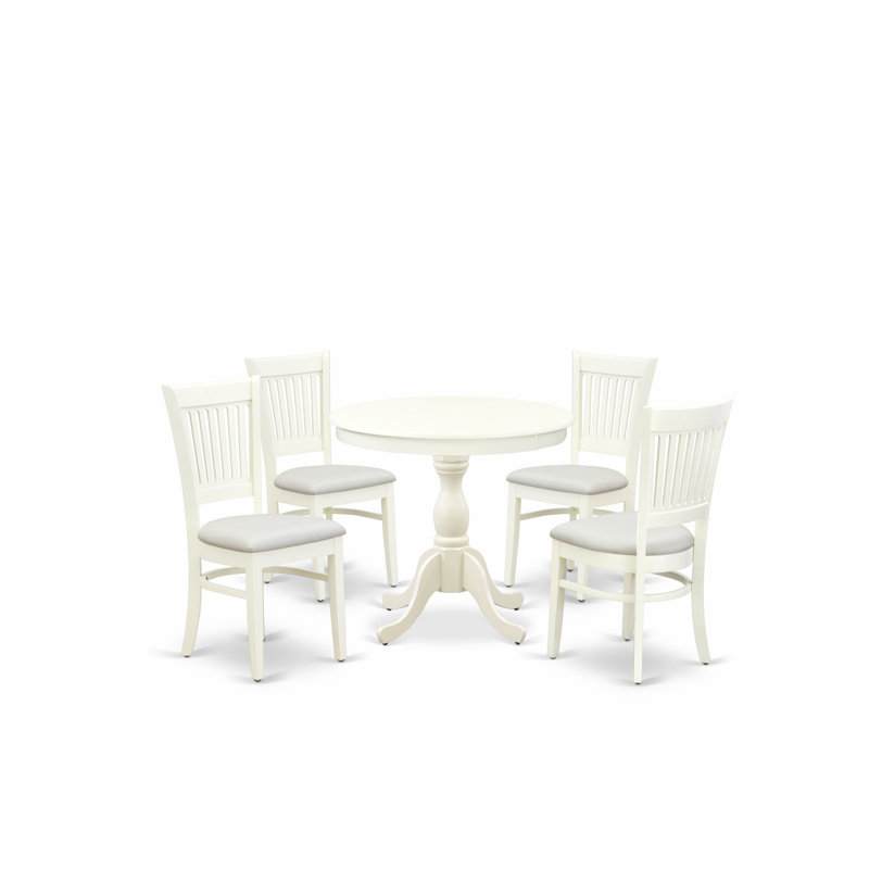 Ensemble de table de salle à manger moderne 5 pièces comprenant une table de cuisine ronde avec piédestal et 4 chaises de salle à manger en lin, blanc lin