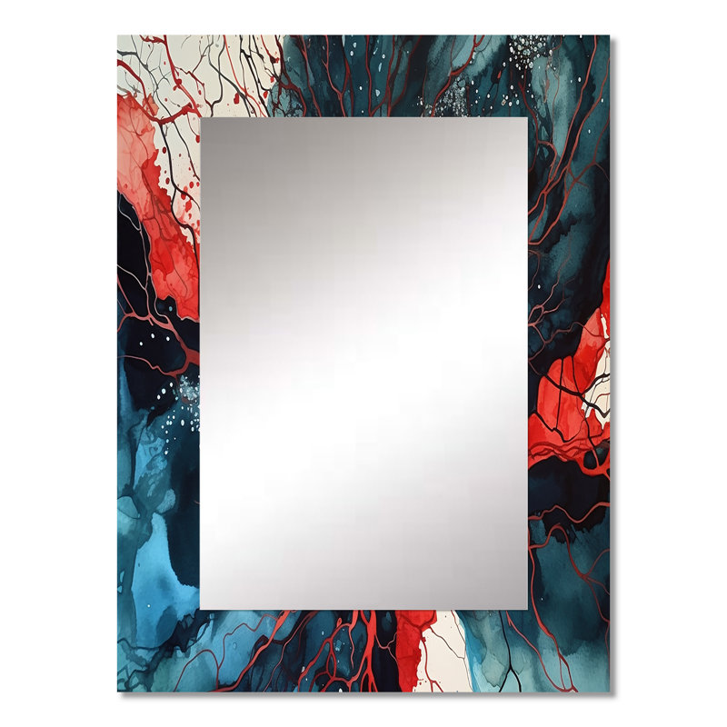 Blue Red Captivating Liquid Ink III - Geometric Decorative Wall Mirror, Modern Mirror, Printed Metal Art, 32" x 24"