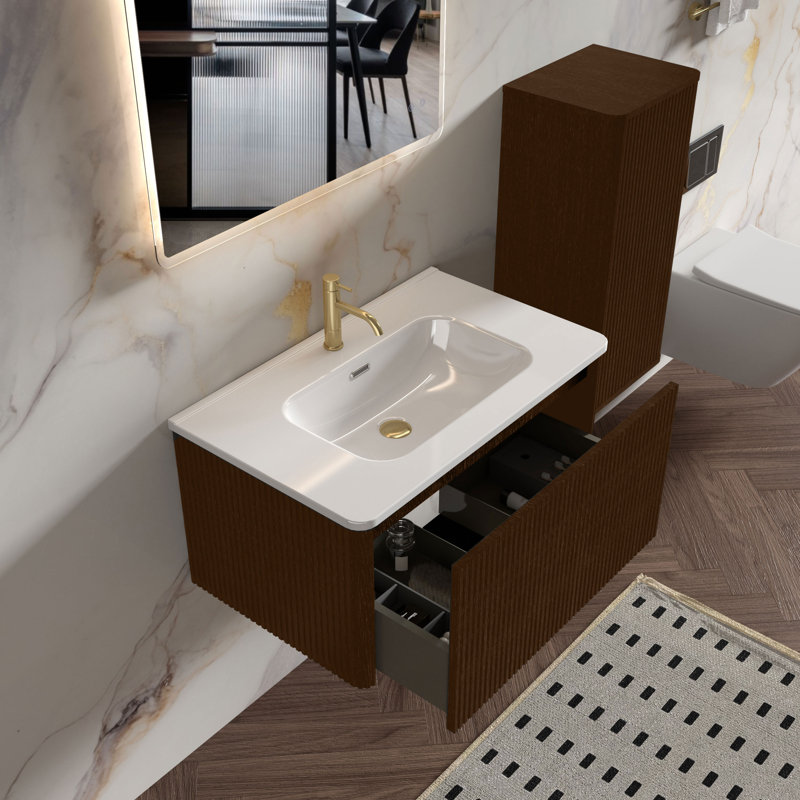 Meuble-lavabo mural simple pré-assemblé avec comptoir avec trop-plein 30 po Hannemarie, Chêne noir brossé, 30", Matte White