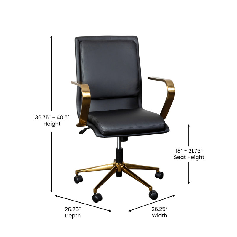 Mid-Back Designer Upholstered Swivel Executive Office Chair with Armrests, Gold, Black
