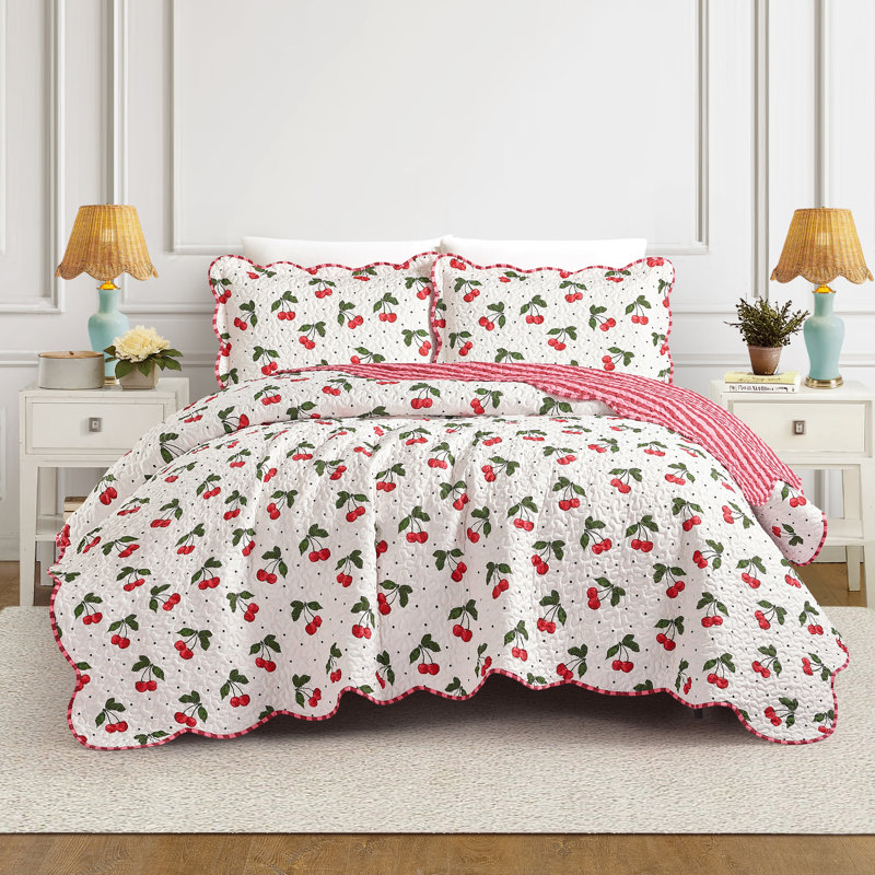 Ensemble de courtepointe réversible cerise Cherry, Courtepointe pour lit simple / simple TG + 1 taie 