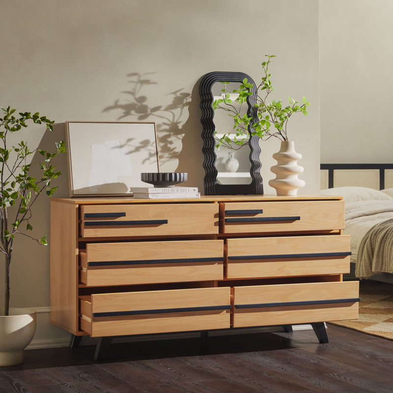Amiliya Modern Solid Wood Detailed 6-Drawer Dresser, Natural Pine