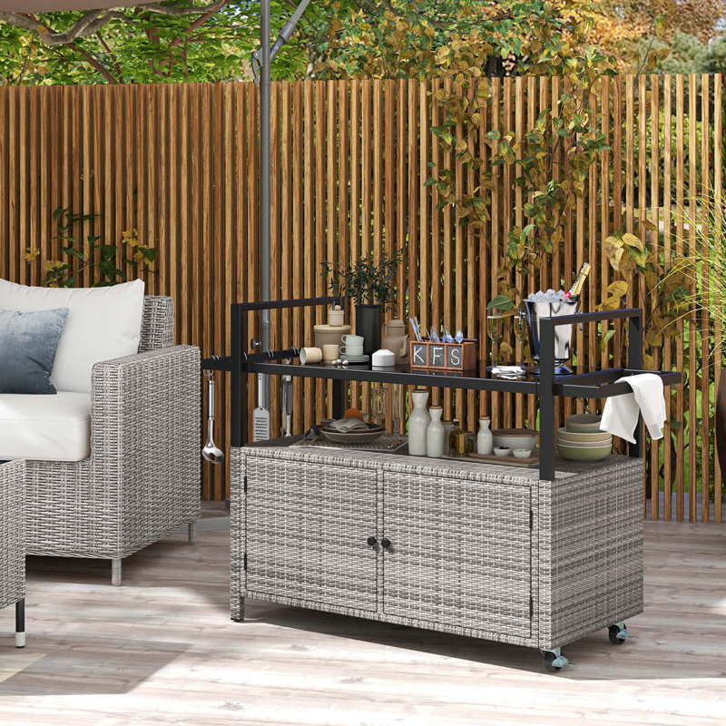 Outdoor Bar Cart With Tempered Glass Top Storage Cabinet & 8 Hooks For Porch, Grey