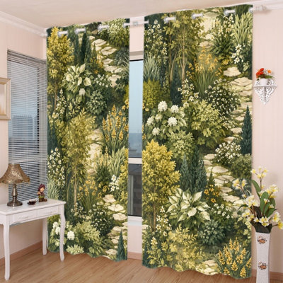 2 pièces de rideaux occultants avec œillets, motif de cour frais, rideaux de fenêtre en polyester, isolation thermique, réduction du bruit et protection de la vie privée, obscurcissant décoration intérieure pour le salon, la chambre à coucher