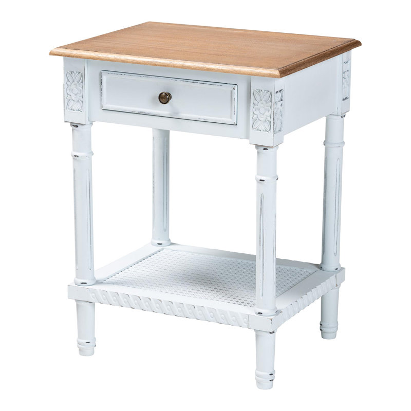 Ayan Baxton Studio Legrand Classic French Two-Tone White And Natural Brown 1-Drawer End Table