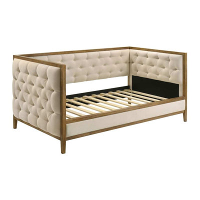 Lit de jour rembourré en tissu avec capitonnage beige et chêne naturel