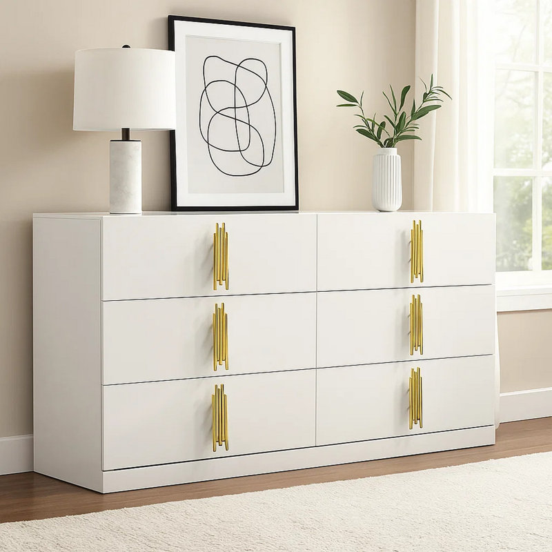 Commode Dyl, 6 tiroirs, bois blanc avec accents dorés