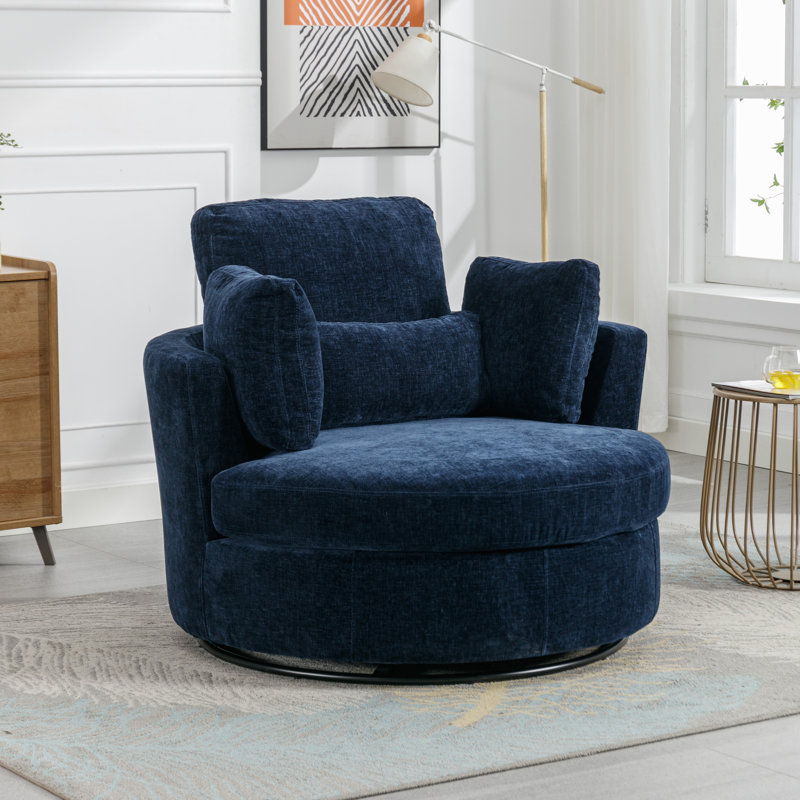 Navy Chenille Swivel Barrel Chair with Ottoman