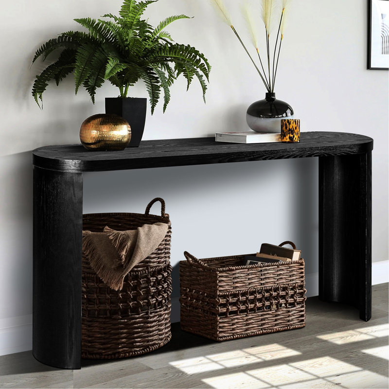 Console de 60 po avec plateau épais et pieds courbés, ovale, noir pour la maison, le salon, Noir