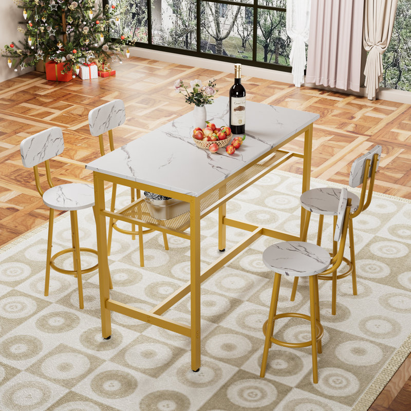 Ensemble 5 pièces de table de bar et chaises pour 4, avec filet de rangement, blanc classique