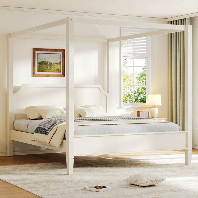 Lit à baldaquin en bois avec tête de lit et pieds de soutien, cadre de lit pour chambre à coucher, Très grand lit