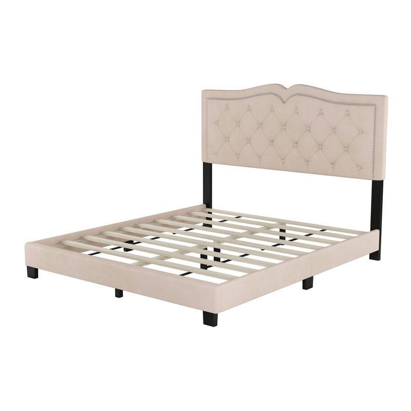 Upholstered Bed Frame with Rivet Design, Modern Velvet Platform Bed with Tufted Headboard, Beige, Queen