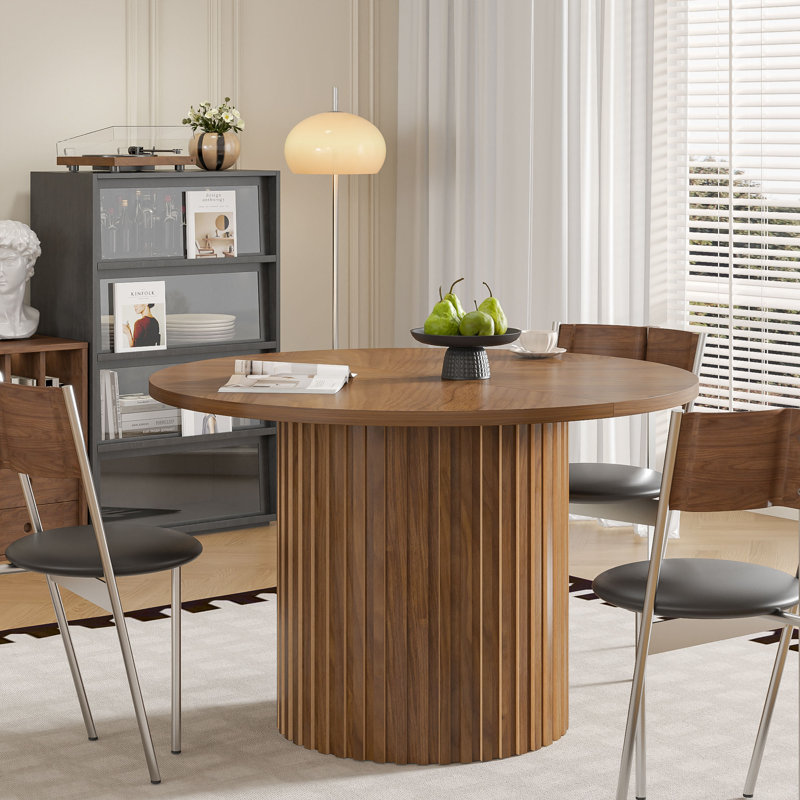 Round Dining Table For 4-6 People, Round Pedestal Dining Table, Kitchen Table With Strip Columns Base, Walnut