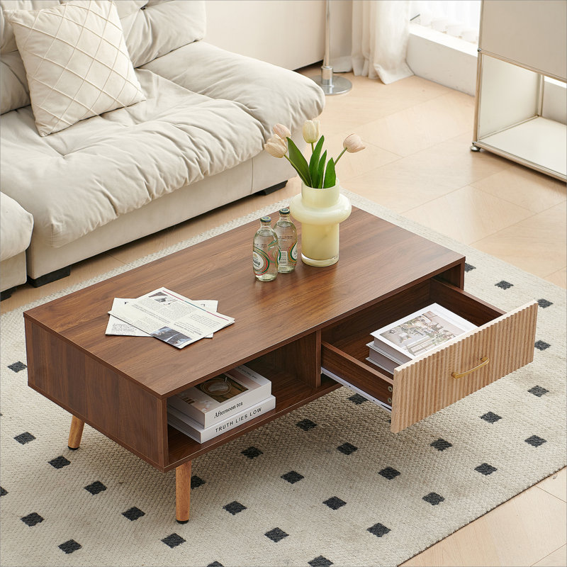 Boho Rectangle Coffee Table with Solid Wood Legs & Sliding Storage Drawer, Modern Living Room or Office Center Table