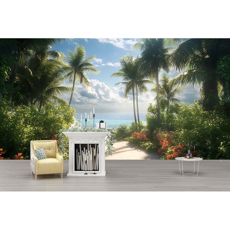 Papier peint floral tropical avec sentier de plage – Palmiers verdoyants, mer bleue et ciel ensoleillé, un décor paradisiaque pour une escapade en pleine nature, idéal pour l'été et la détente