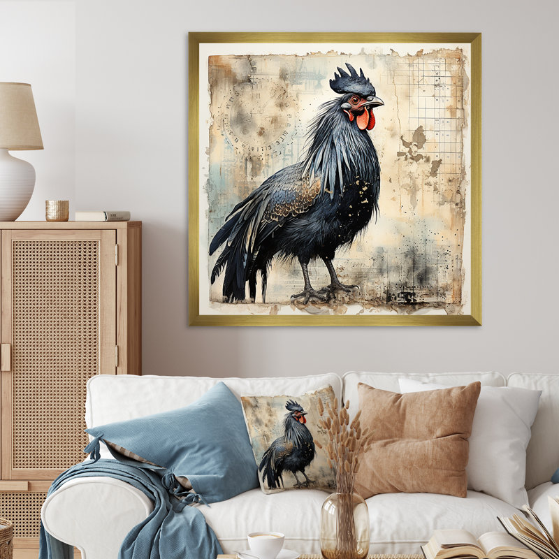 Art mural rétro, coq majestueux I, Cadre flottant doré, H 36 po x l 36 po x P 1,5 po