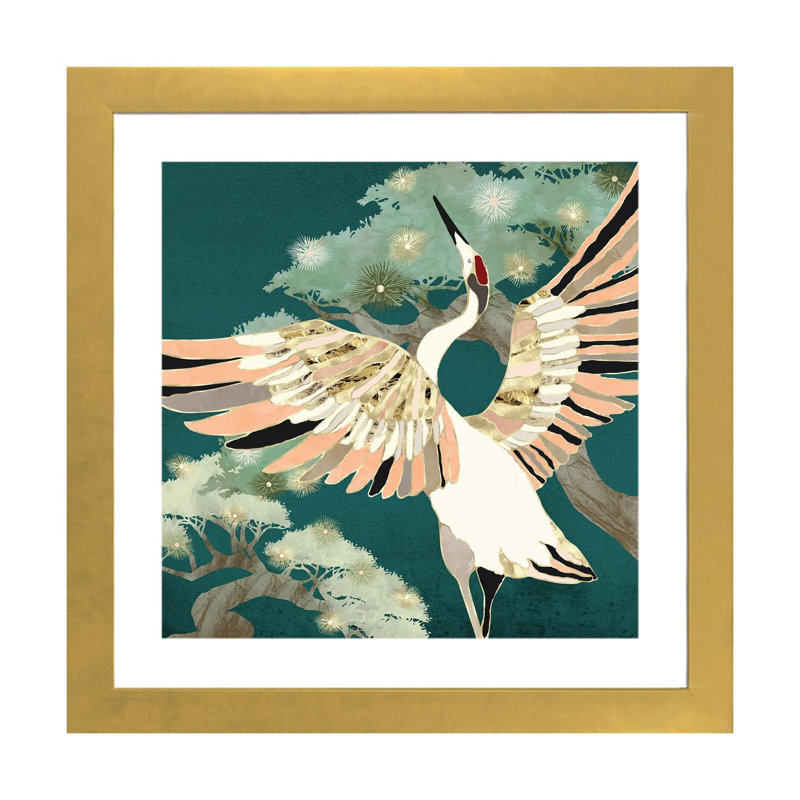 Golden Crane - impression d'art graphique, H 16 po x l 16 po x p 1 po, Papier encadré doré, Blanc