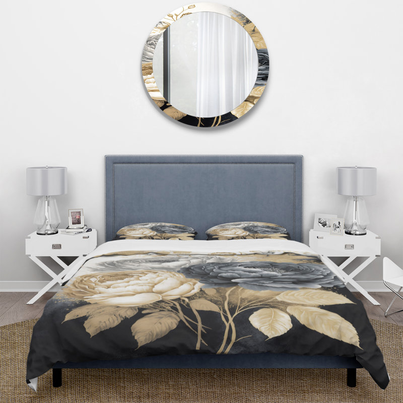 Ensemble de housse de couette floral rose, blanc, doré et noir II - rose, Housse de couette pour très grand lit et 2 très