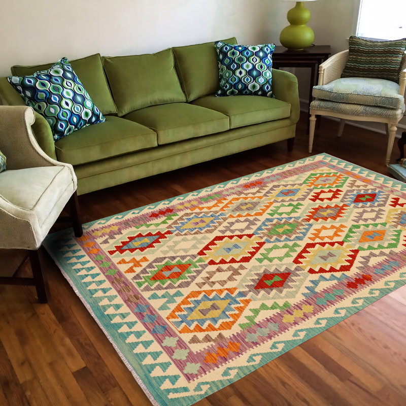 Tapis beige / rouille / bleu / vert en laine noué à la main Rolland