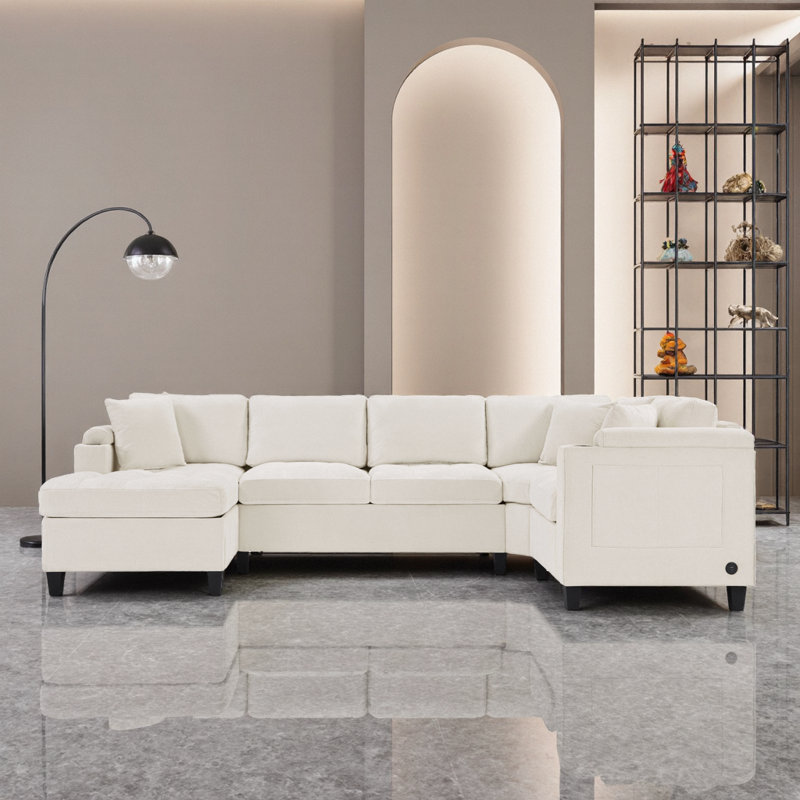 Canapé modulaire moderne en U avec rangement, ports USB et porte-gobelets, Chenille beige
