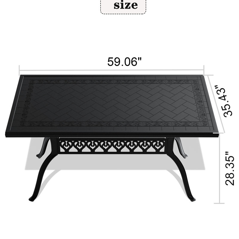 Table de salle à manger de patio - fonte d'aluminium, noire, rectangulaire, structure résistante à la corrosion, limite de poids de 160 lb, détails en aluminium noir peu encombrant, capacité de 160 lb