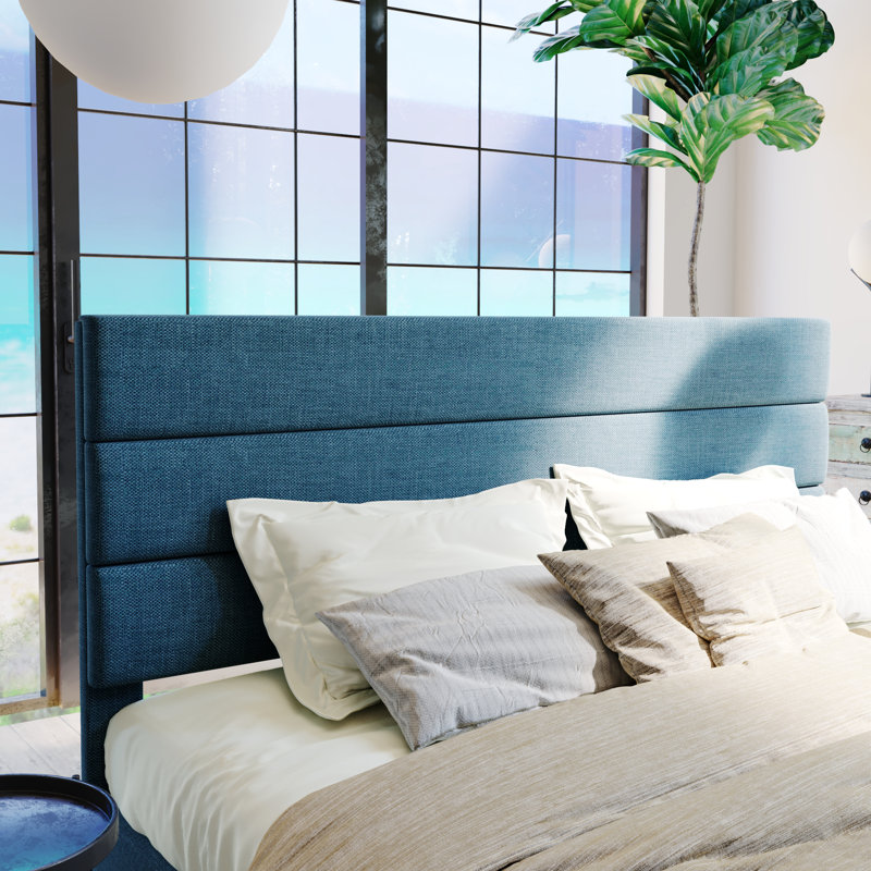 Lit plateforme Elison avec tête de lit tapissier en tissu et lattes en bois, Grand, Bleu marine