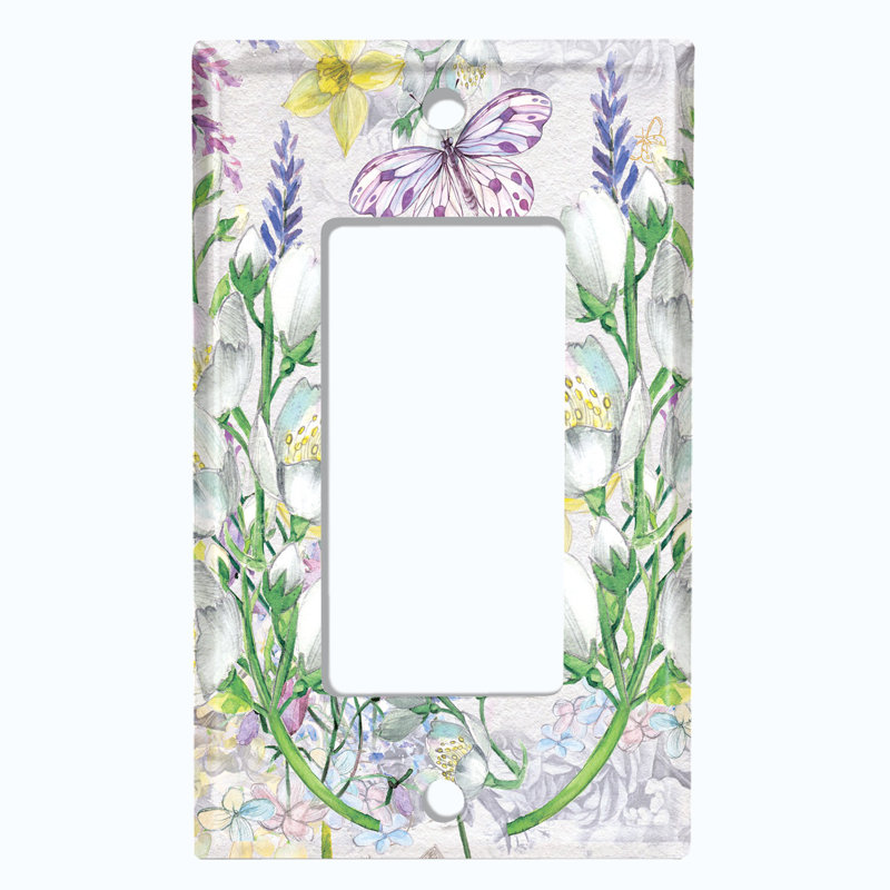 Plaque murale à bascule papillon blanc avec lys mauve et fleurs blanches