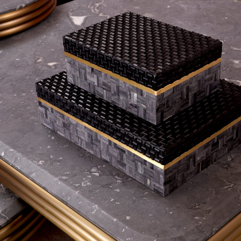 Seaside Handmade Resin Decorative Box by Eichholtz, 4.53" H x 11.22" W x 8.07" D, Gray/Black/Vintage Brass