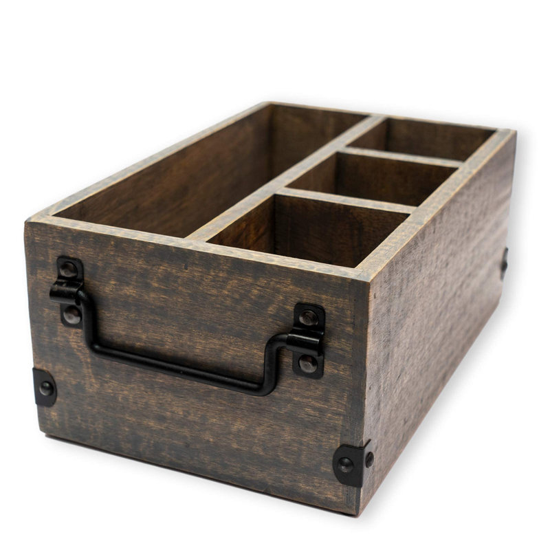 Porte-ustensiles à 4 compartiments, porte-ustensiles de coutellerie, range-ustensiles à argenterie avec porte-serviettes, plateau en bois de manguier lavé gris avec poignées en métal