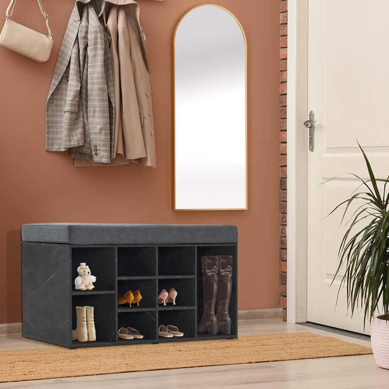 Shoe Storage Bench with Cushion, 10 Cubbies and Seating, Marble Gray