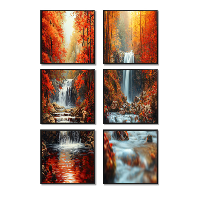 «Red Autumn Mountain Waterfall - Waterfall», ensemble d'art mural sur toile, Noir, Impression encadrée sans passe-partout