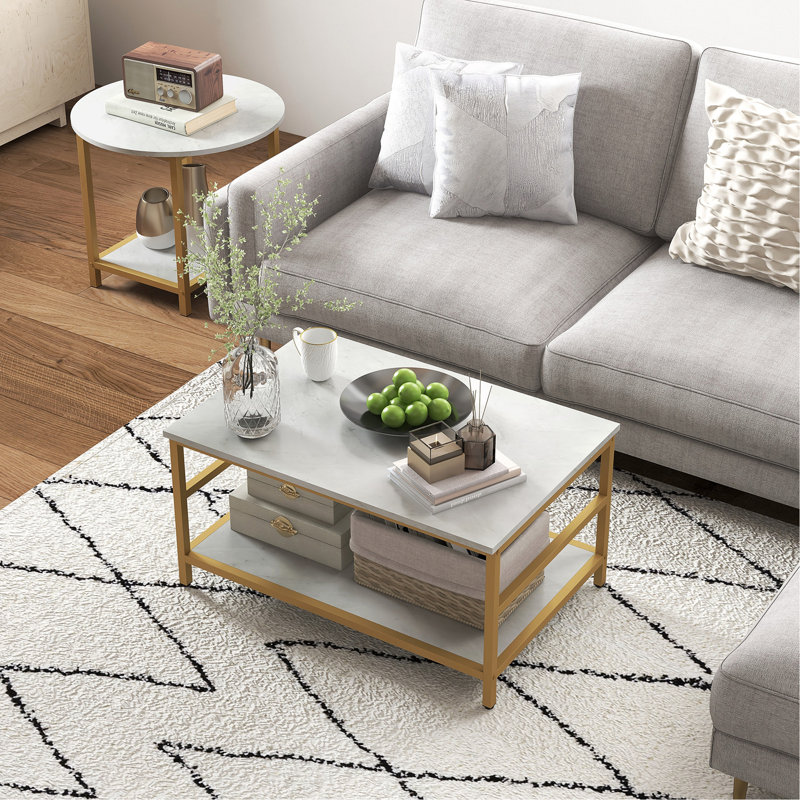 Coffee Tables Set Of 2, 2-Rier Rectangle And Round Coffee Table With Storage Shelves, Faux Marble Top And Steel Frame, Sofa Side Table For Living Room, White