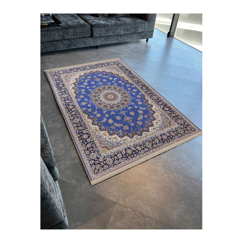 Tapis décoratif décoratif bleu rétro et bleu à motif traditionnel, Sous-tapis rectangulaire de 3 pi 3 po x 4 pi 11 po