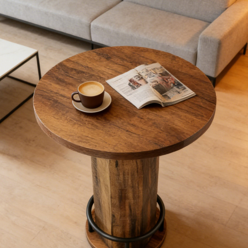 Table de bar ronde rustique en bois aggloméré industriel avec anneau repose-pieds en métal et colonne en faux grain de bois, pour bar, restaurant ou salon à la maison