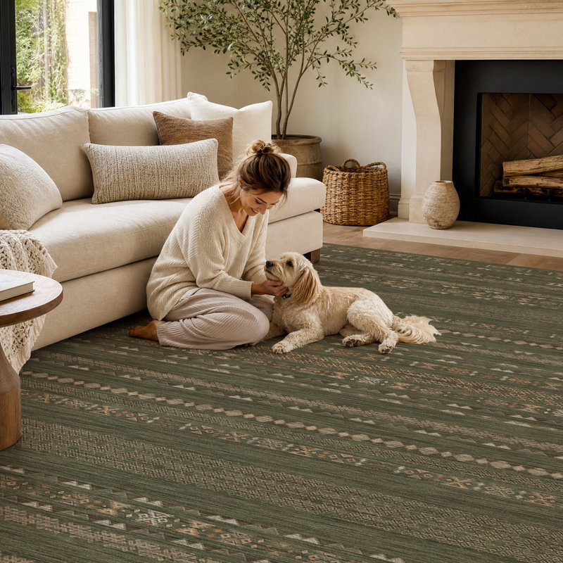 Tapis antidérapant à motif géométrique délavé Modern, Olive / Brown, Rectangle 9 pi x 12 pi