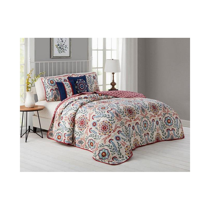Traditional Polyester Jersey Knit Floral Quilt, King Quilt + 2 Shams + 2 Throw Pillows