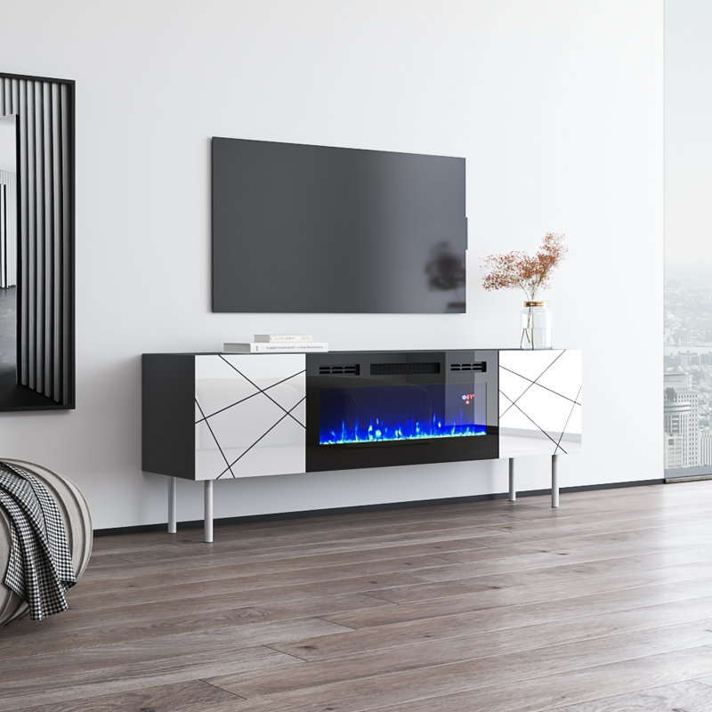 London Modern TV Stand with Electric Fireplace, High Gloss Finish, Wall-Mounted, Gray/White