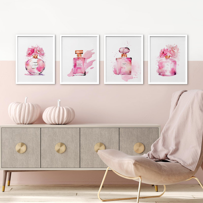 Flacons de parfum français encadrés sur papier, impression de 4 pièces, Blanc, H 16 po x l 12 po