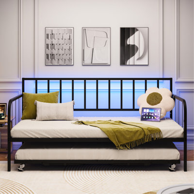 Twin Daybed With Trundle, Metal Bed Frame For Living Room, Space Saving, Classic And Modern Fusion Design, Heavy Duty Slats Support, Under - Storage, Easy Setup Routine Blend Slats, Assembly Task