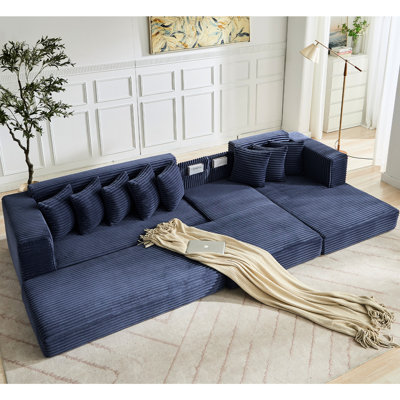 New Arrived Oversize Cloud L-shape Modular Convertible, 3 Seat Corduroy Black Bed Floor Sleeper With 8 Pillows, No Assembly, Side Pocket, Left Facing For Small Spaces Arrival Living Area